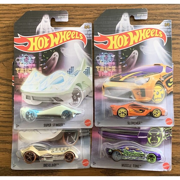 4 NIB Halloween Hot Wheels Cars Super Stinger, Dieselboy, Scorcher, Muscle Tone - Picture 1 of 6